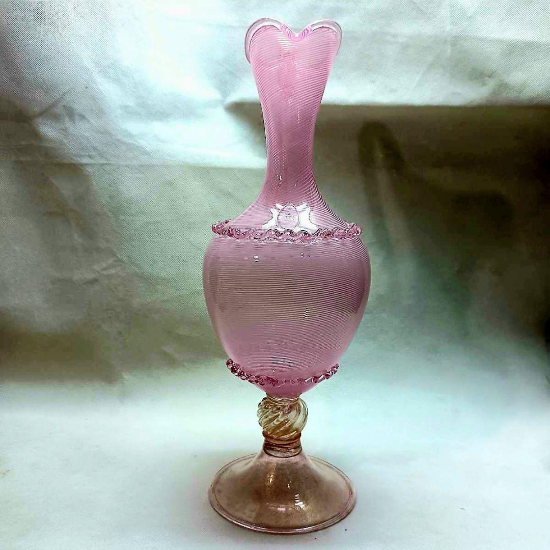 Murano 大型 ムラノ 金彩 ピンク ライン 水差し オブジェ