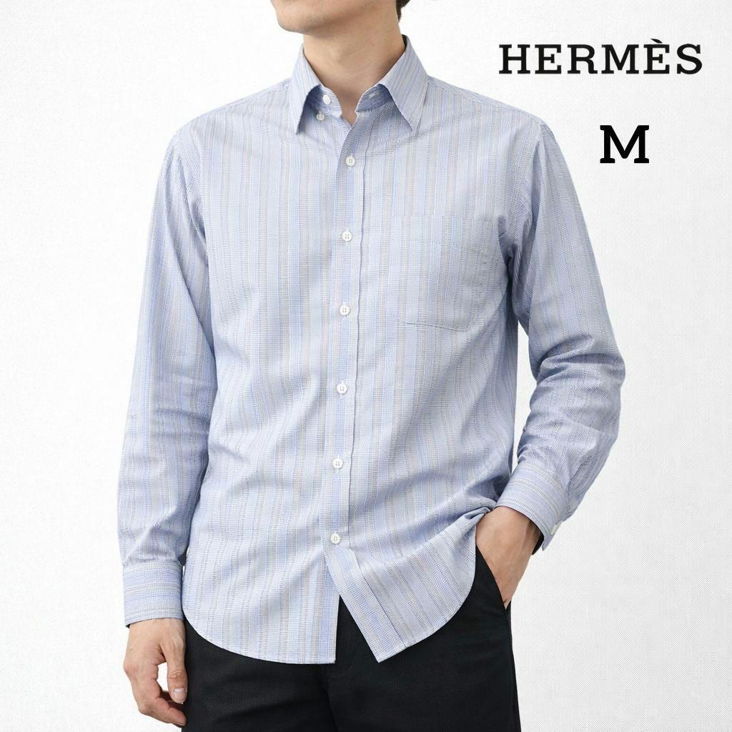 M★HERMES ストライプ 長袖Yシャツ ラウンドヘム仕様 メンズ コットン