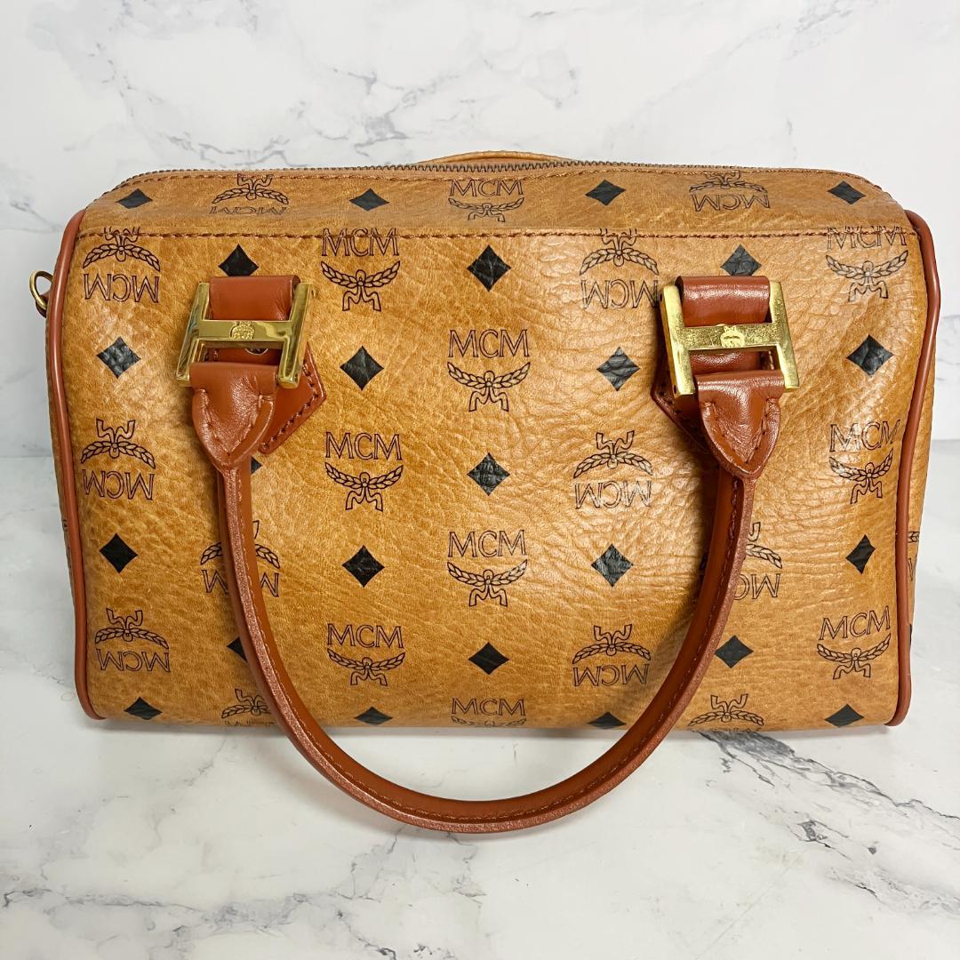B702【美品】MCM★シボ革 ミニボストンバッグ ブラウン レザー