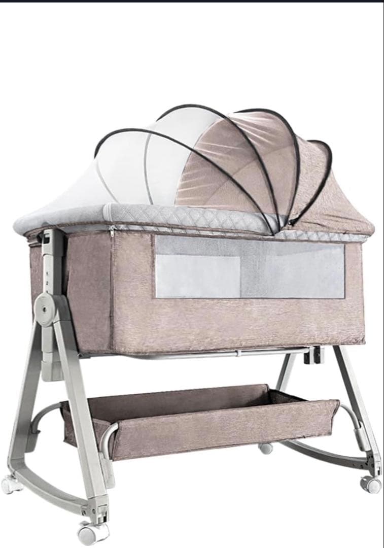 美品 折りたたみ式ベビーベッド 添い寝 コンパクトベビーベッド 収納袋付 グレー