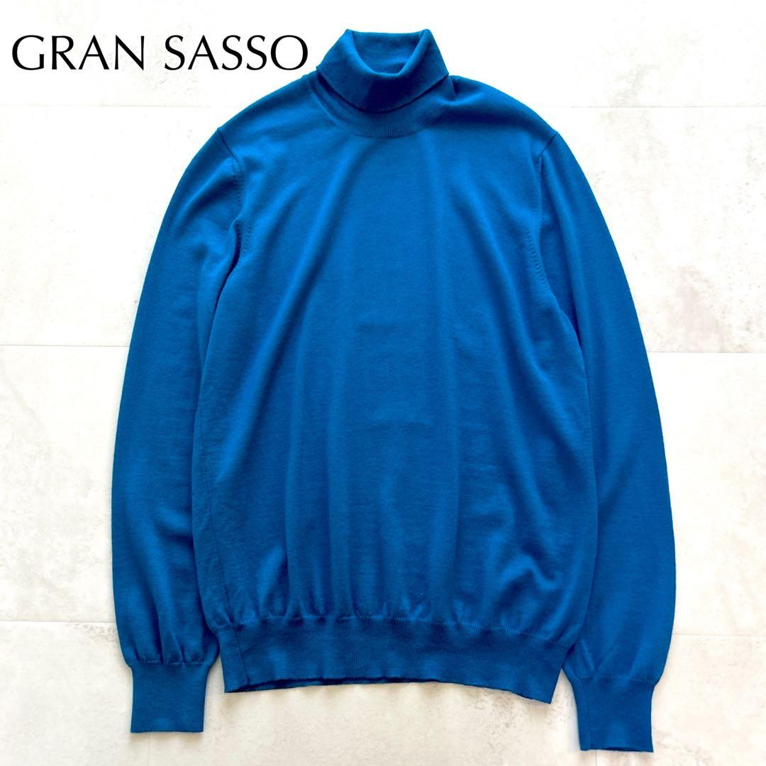 現行✨人気グランサッソウールタートルネックニット　ハイゲージ52ブルー近年モデル