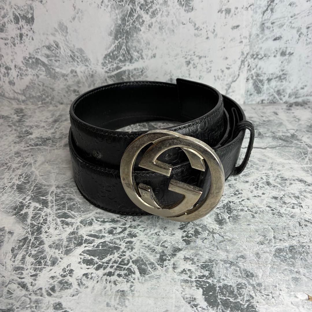 ✨GUCCI✨　グッチ　ベルト　ブラック　黒　　シマレザー　インターロッキングG