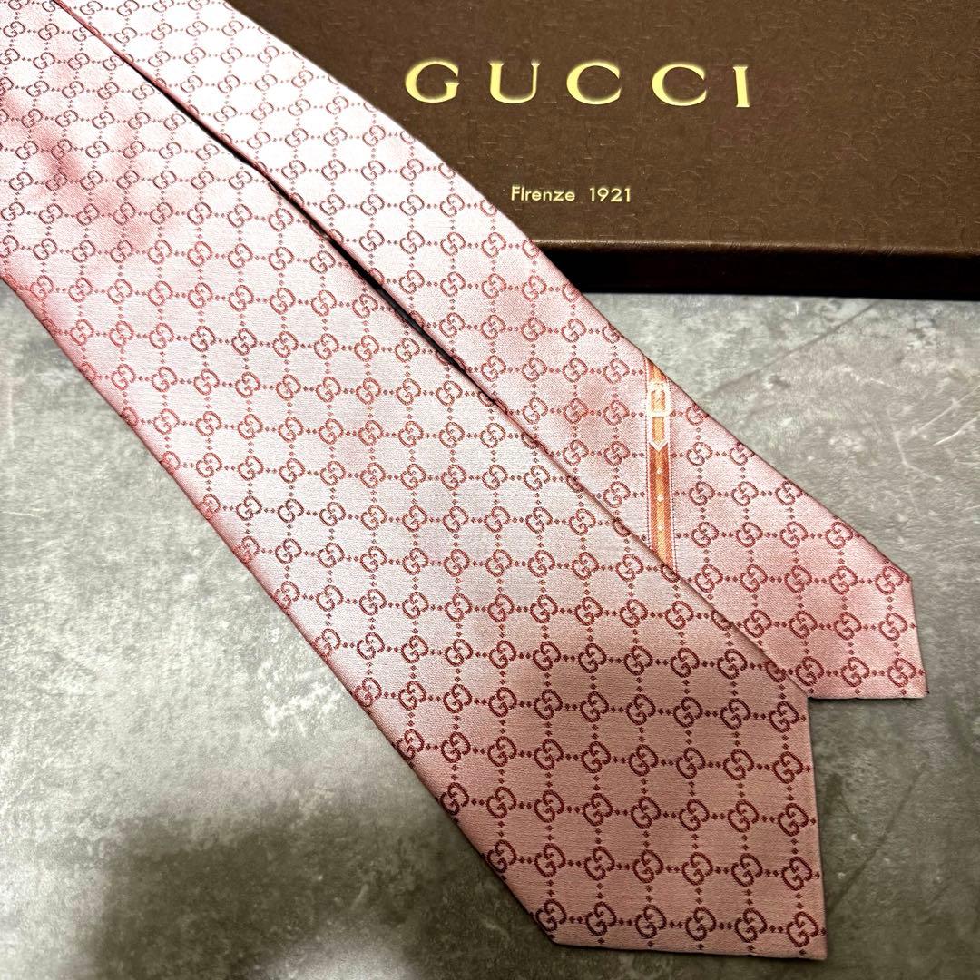 【✨極美品✨】GUCCI グッチ ネクタイ インターロッキング ピンク シルク