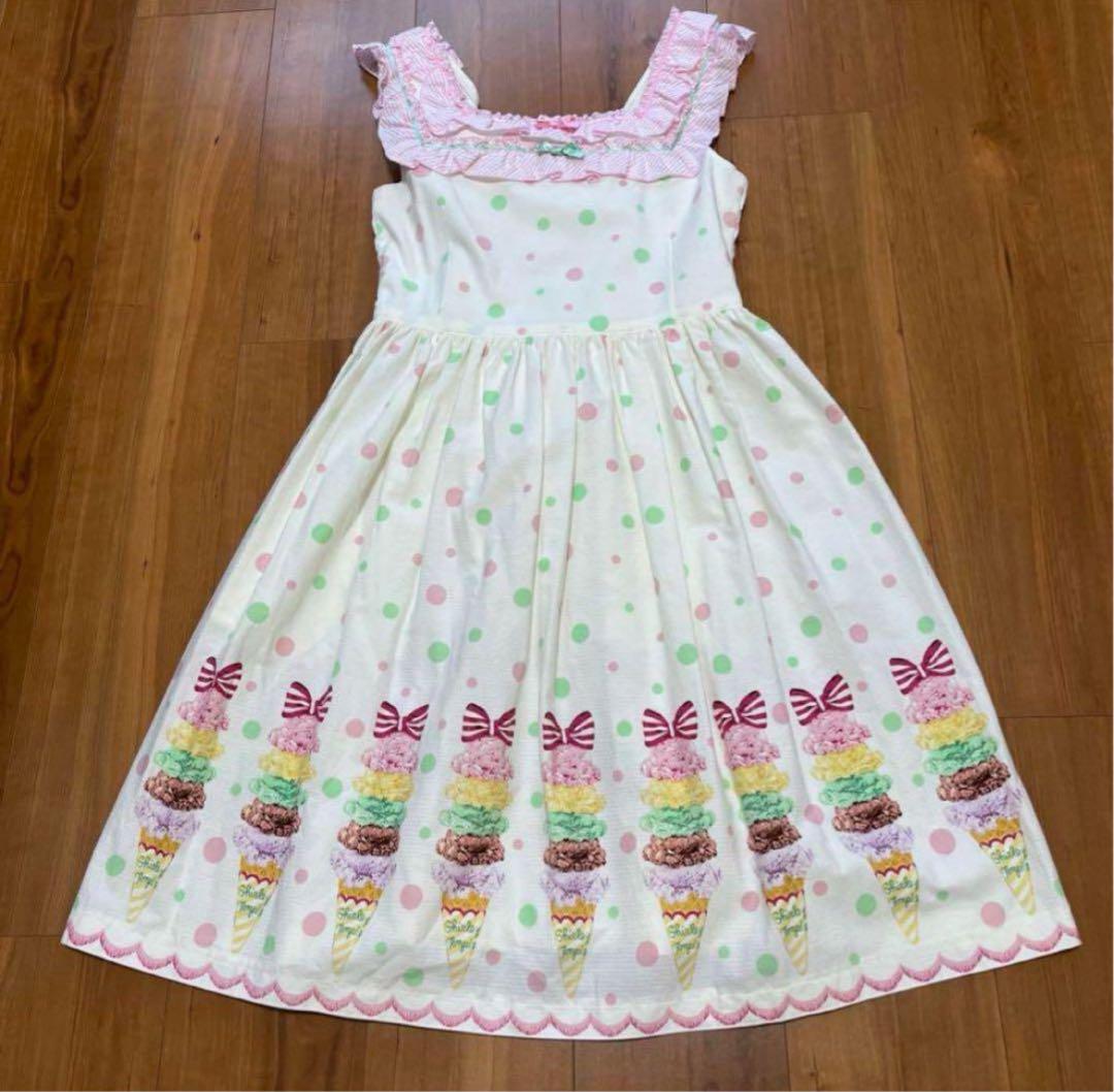 【3日間限定価格】シャーリーテンプル　白アイス柄ドットジャンスカ