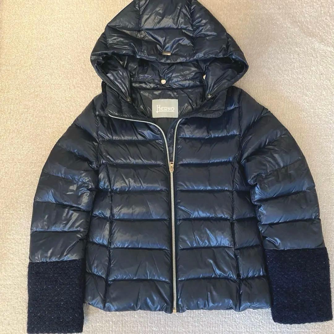 【最終価格】HERNO ヘルノ 軽量ダウンジャケット ネイビー ツイード袖 XS