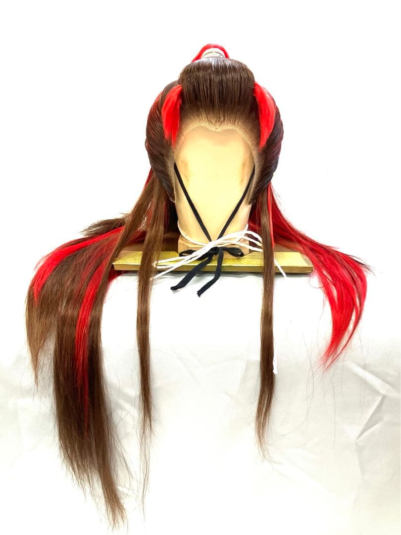 創作、中大サイズ(茶髪＋赤耐熱ファイバープラス)中古舞踊かつら、大衆演劇かつら