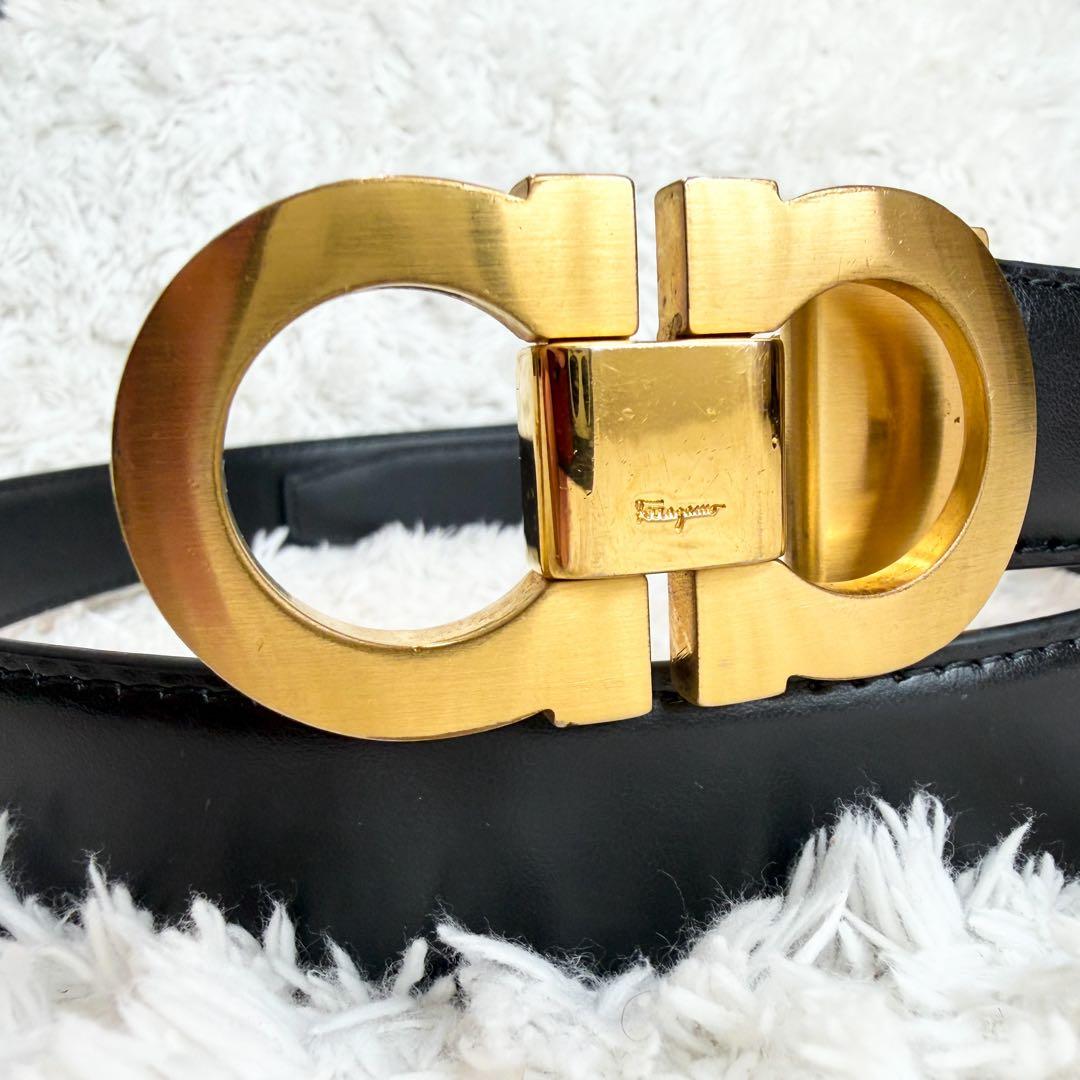 【美品】フェラガモ ベルト ダブルガンチーニ ブラック ゴールド