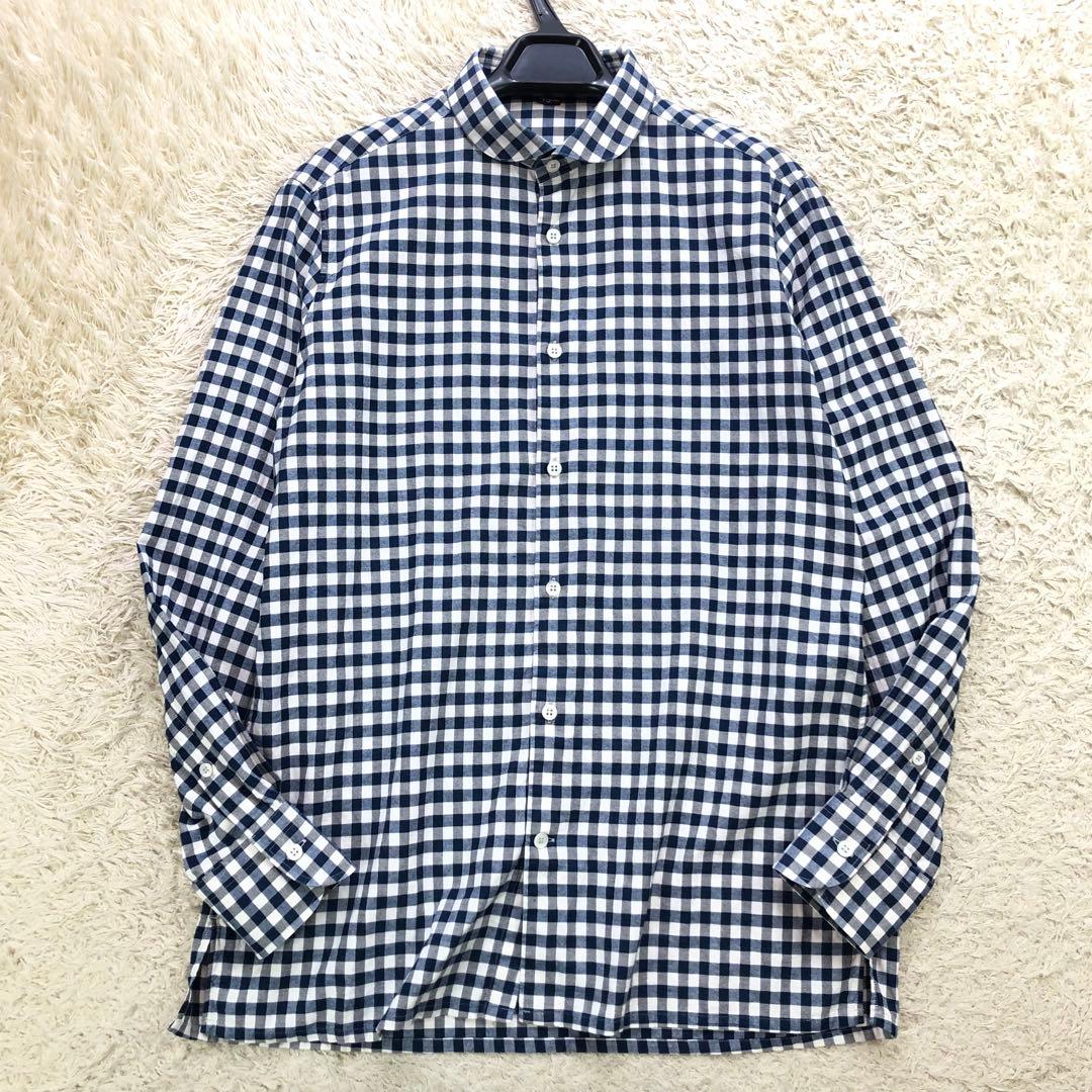 45R シャツ 長袖 丸襟 ギンガムチェック コットン Rステッチ刺繍 サイズ3