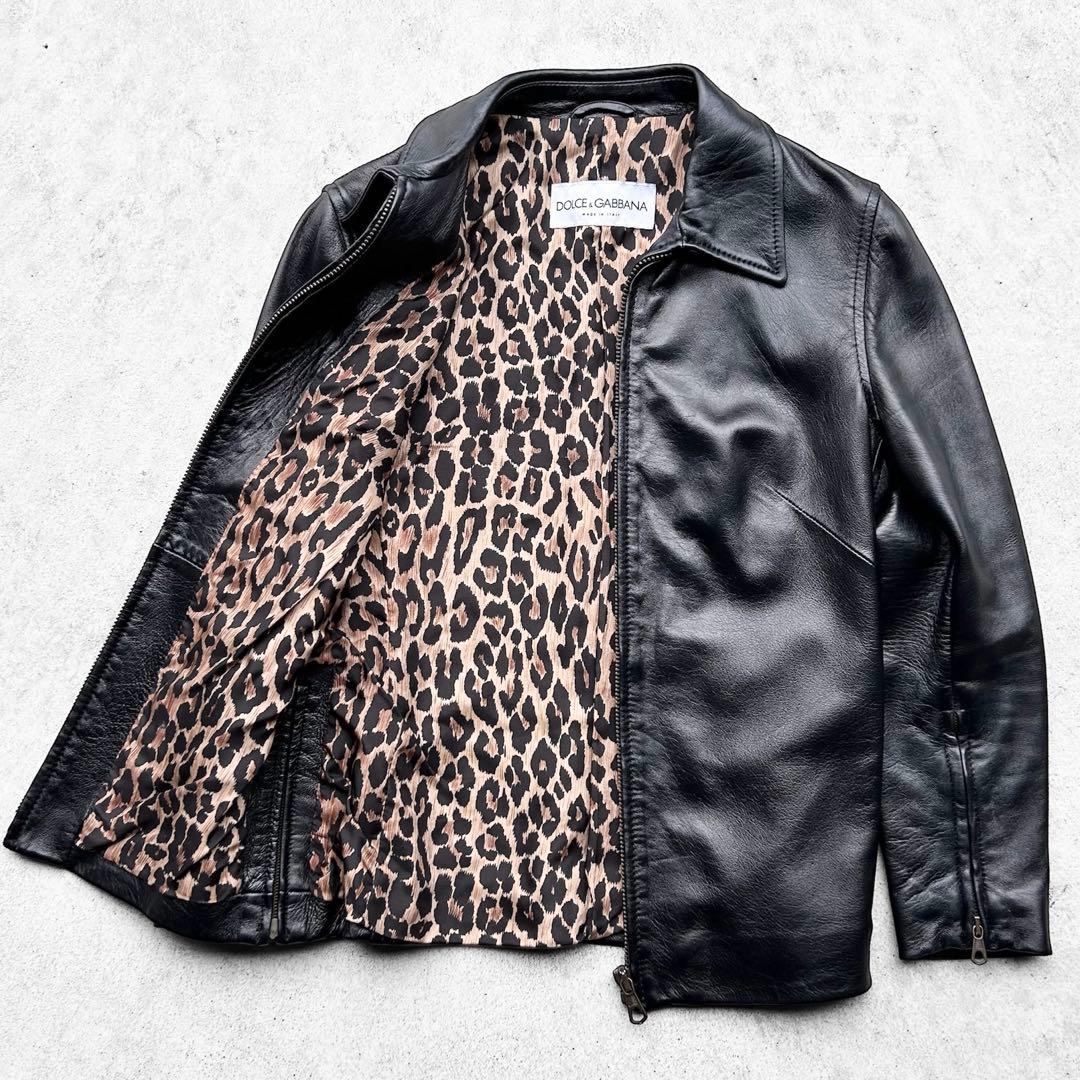 極美品 DOLCE&GABBANA 本革 レザージャケット 裏地 レオパード