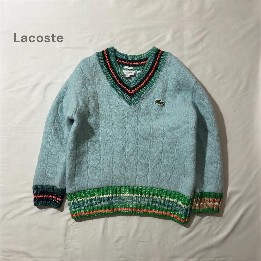 完売品 Lacoste デコラティブリブニットチルデンセーター ウール ロゴあり