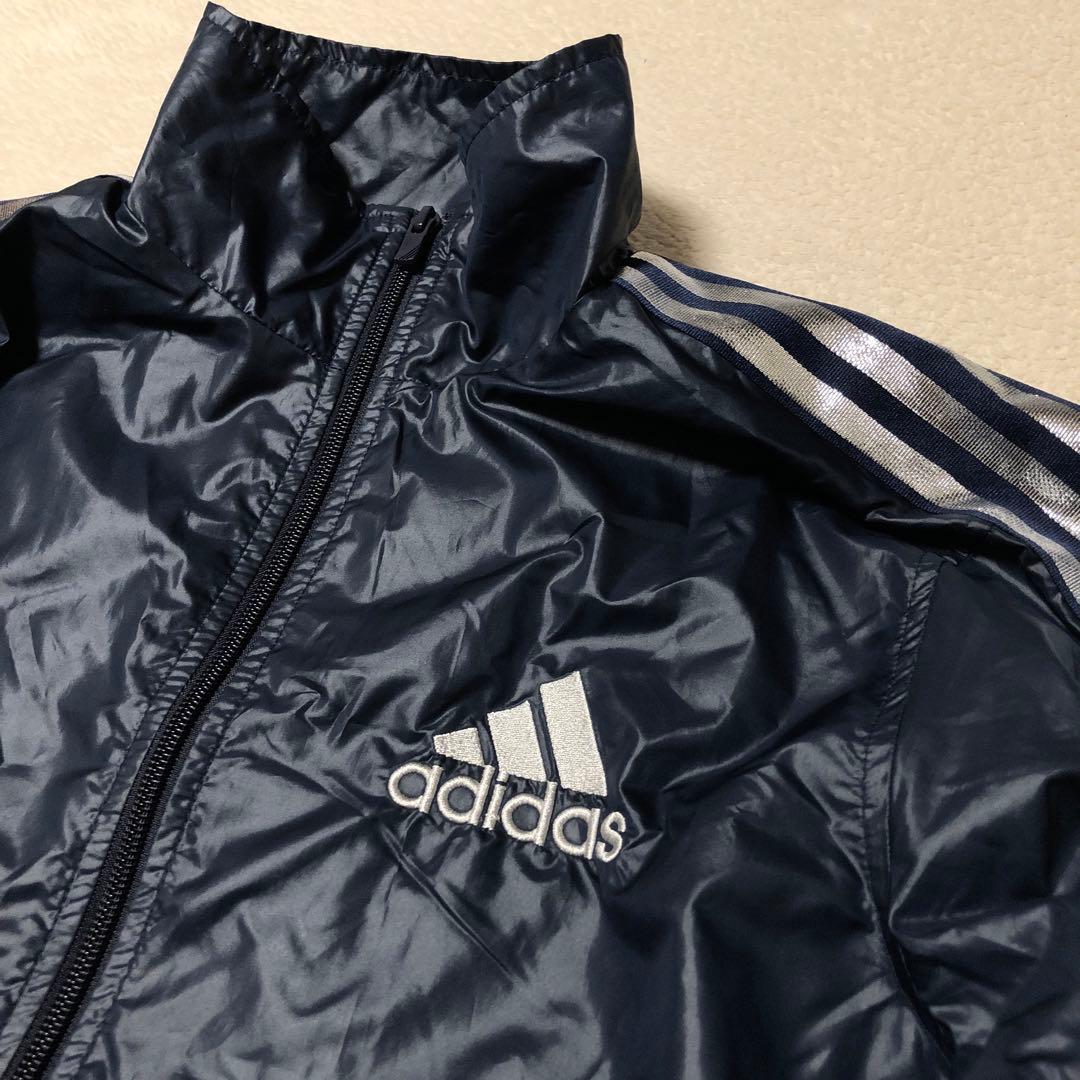 美品　adidas ウインドブレーカー上下　ネイビー　光沢シルバーライン　高配色
