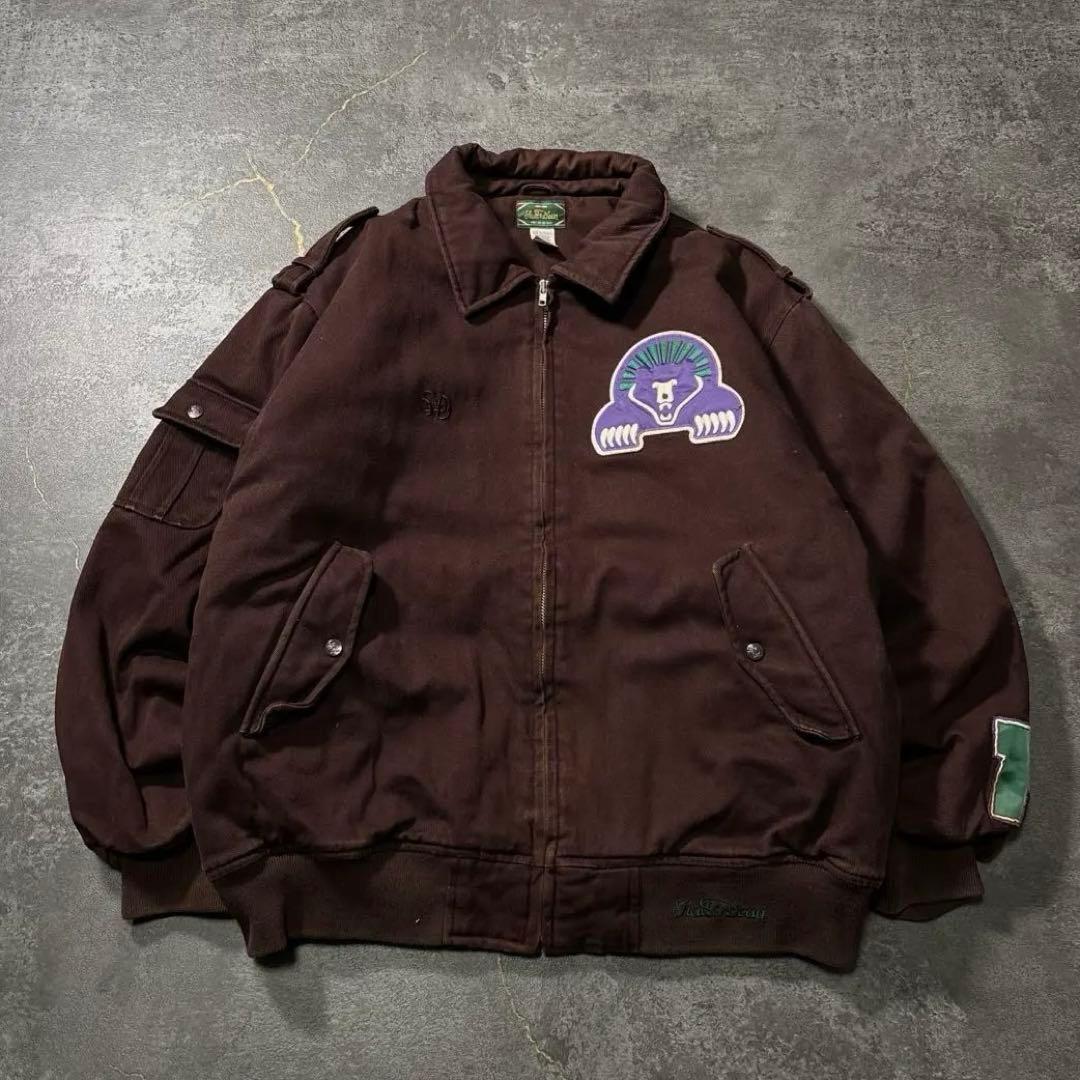 古着ダックジャケットボンバージャケット茶ブラウン刺繍ワッペン90sストリートXL
