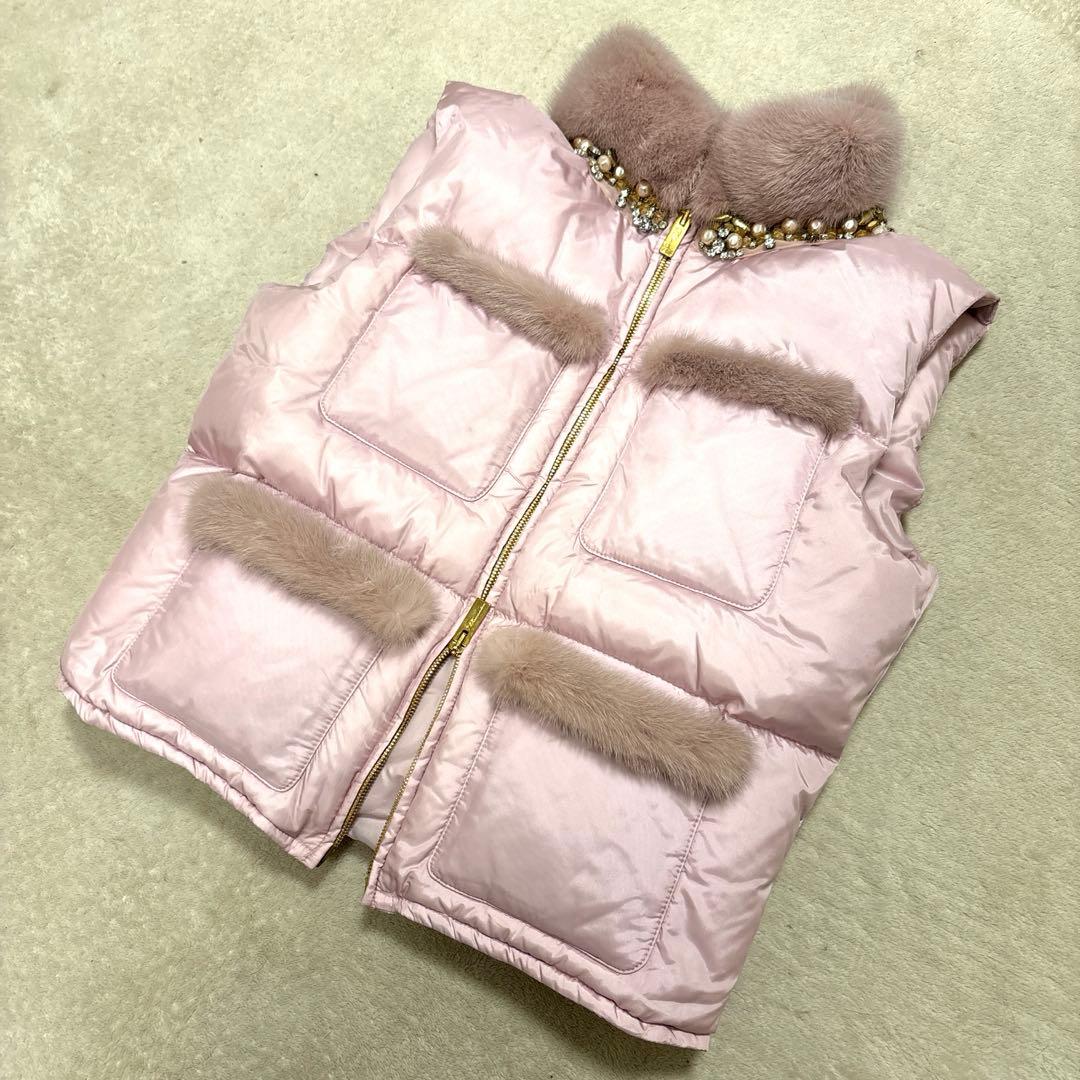 ジャケット・アウター BLUMARINE MINKFAR JEWELD PADDEDVEST PINK