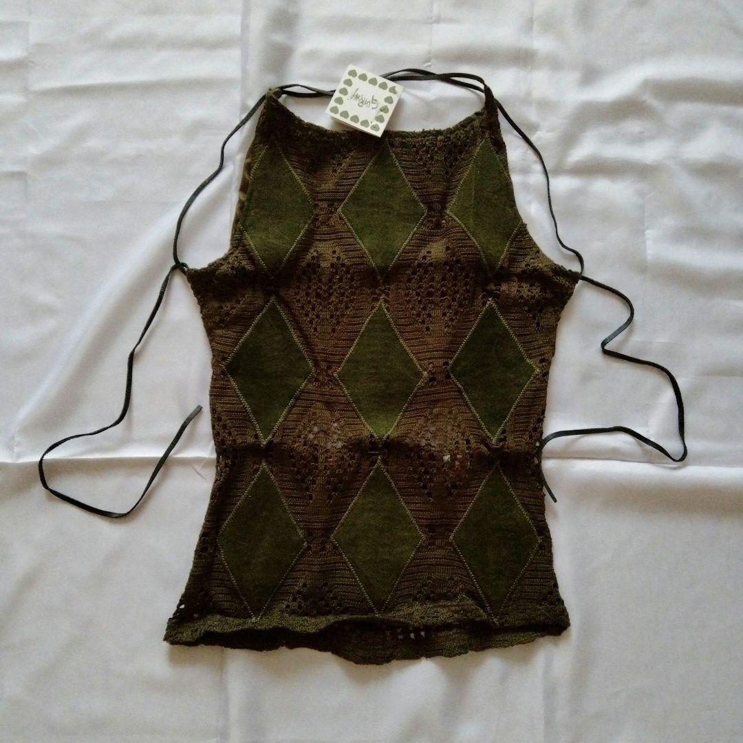 【新品】革とニット地のベアバック トップス 深緑 Sサイズ（胸部分に裏地あり）