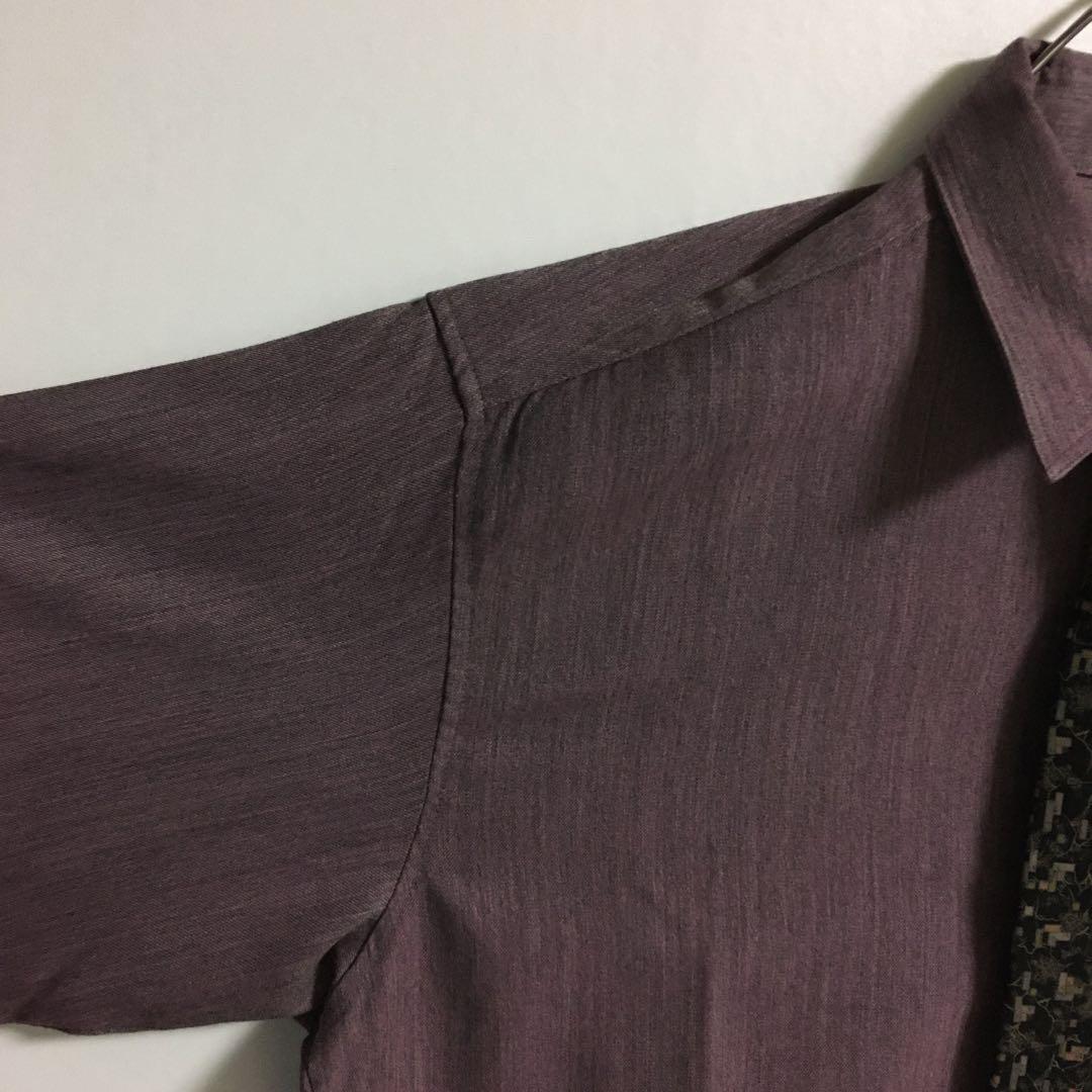 ネクタイシャツ 古着 日本製 ウール混くすみポリシャツ 幾何学模様シルクネクタイ