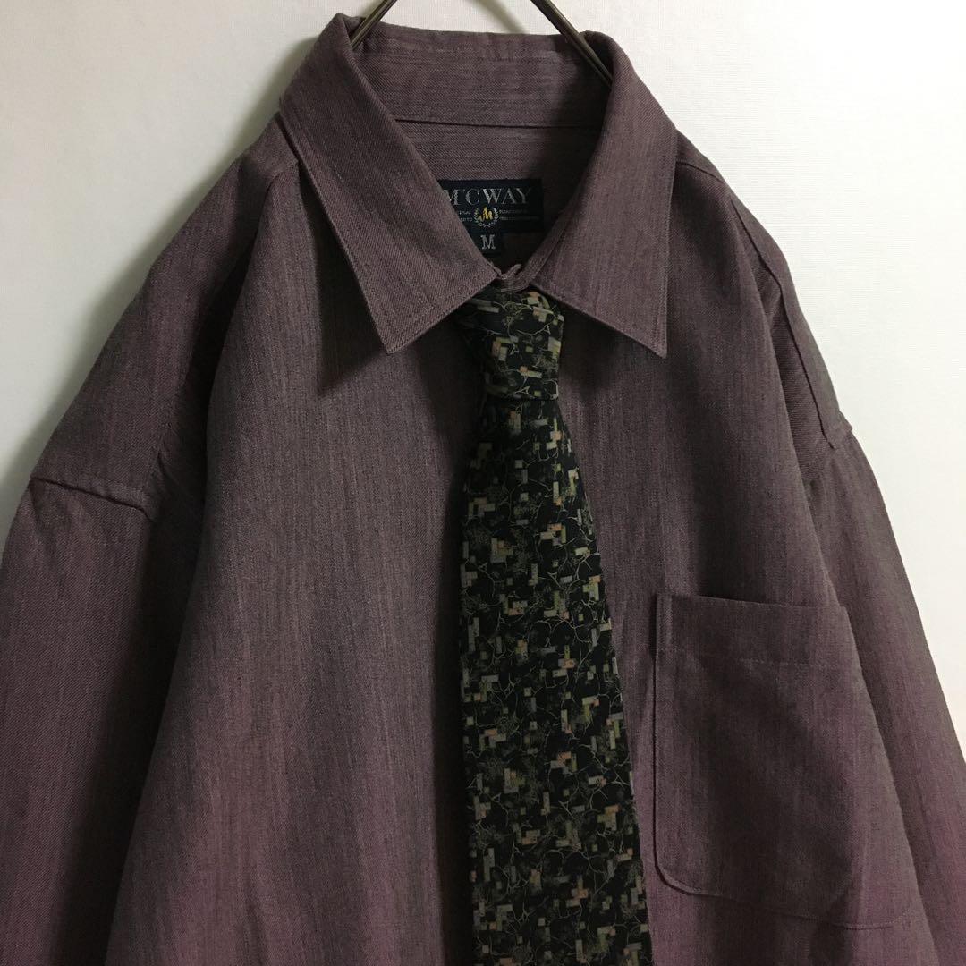 ネクタイシャツ 古着 日本製 ウール混くすみポリシャツ 幾何学模様シルクネクタイ