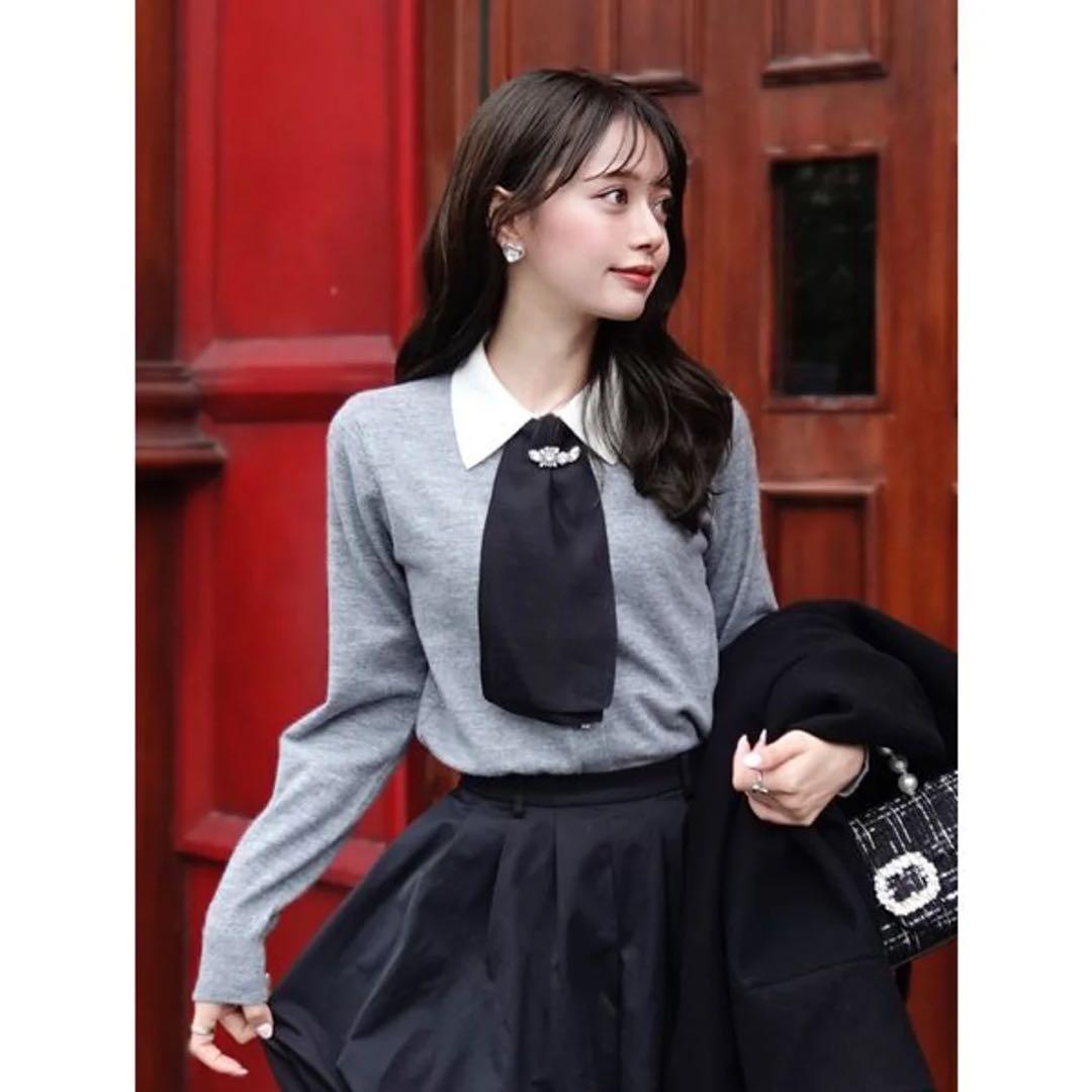 タイ付きビジューカーディガン （GRY）