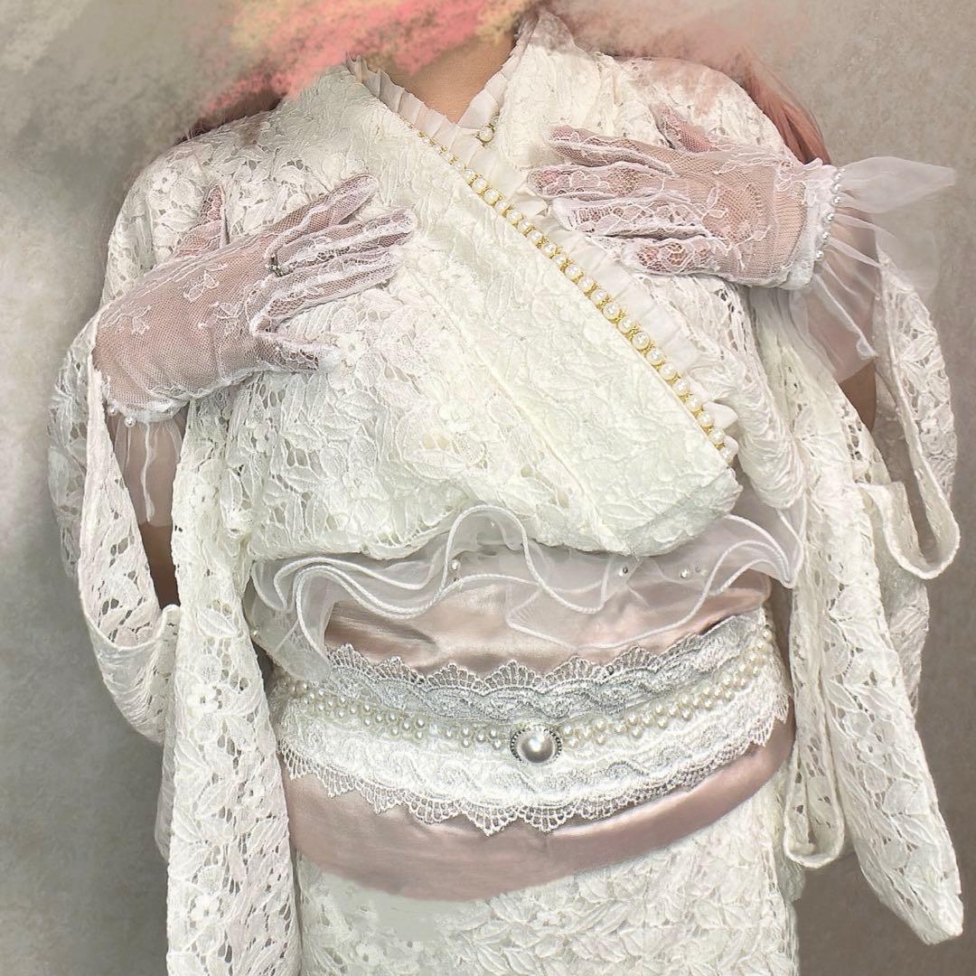 ホワイトレース浴衣・帯ベルト、パールベルト、半衿、レースグローブセット