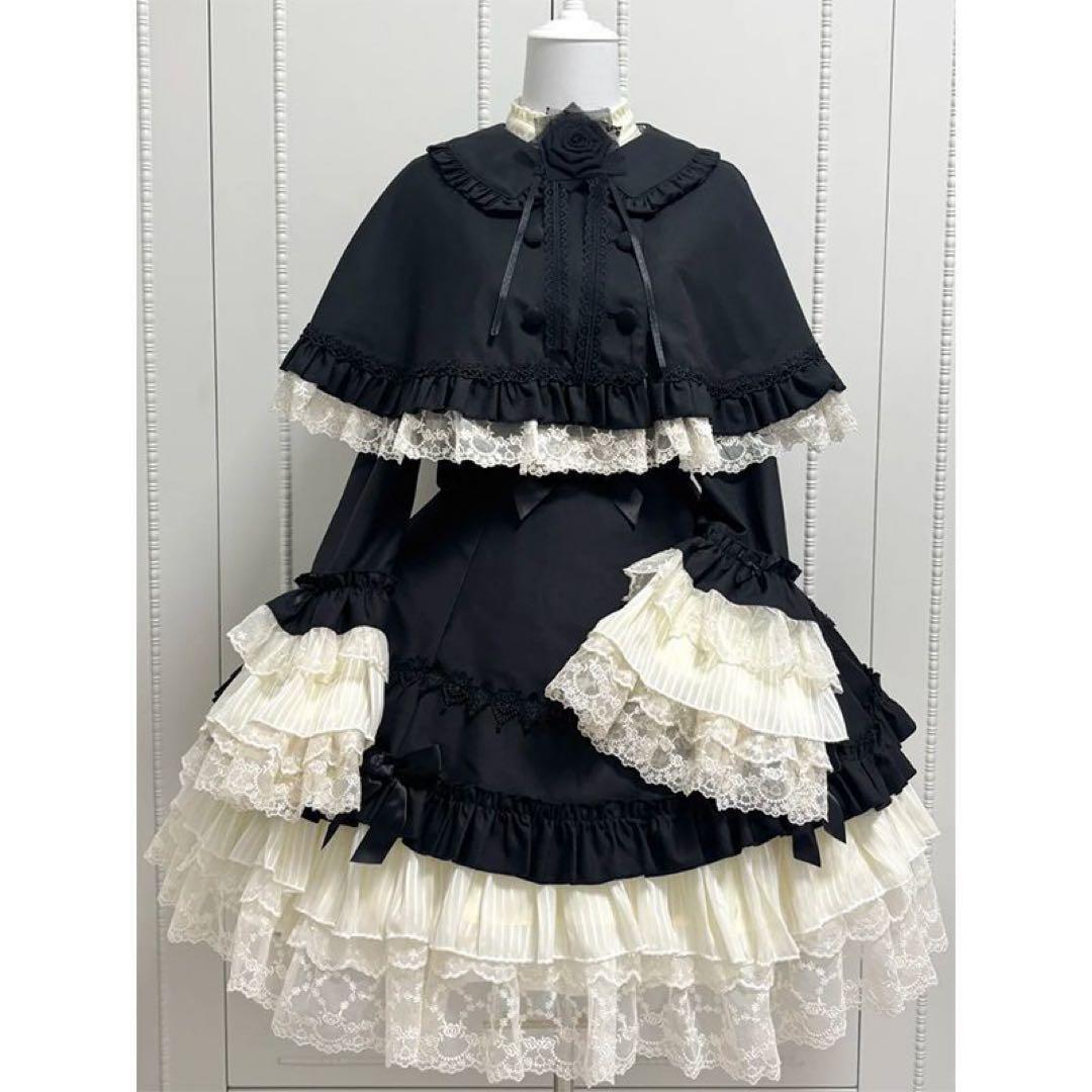 ゴスロリ ロリータ ワンピース マントポンチョ付き ブラック系 ドレス