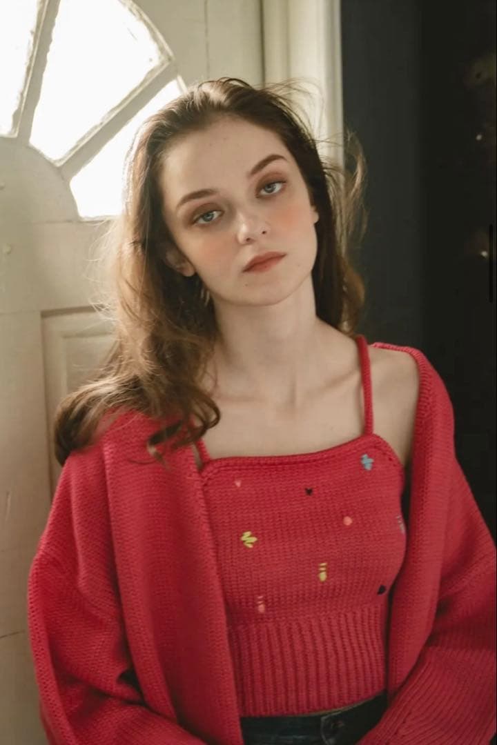 【新品未使用】PINUE ハンドステッチニットキャミ＆カーデセット PINK