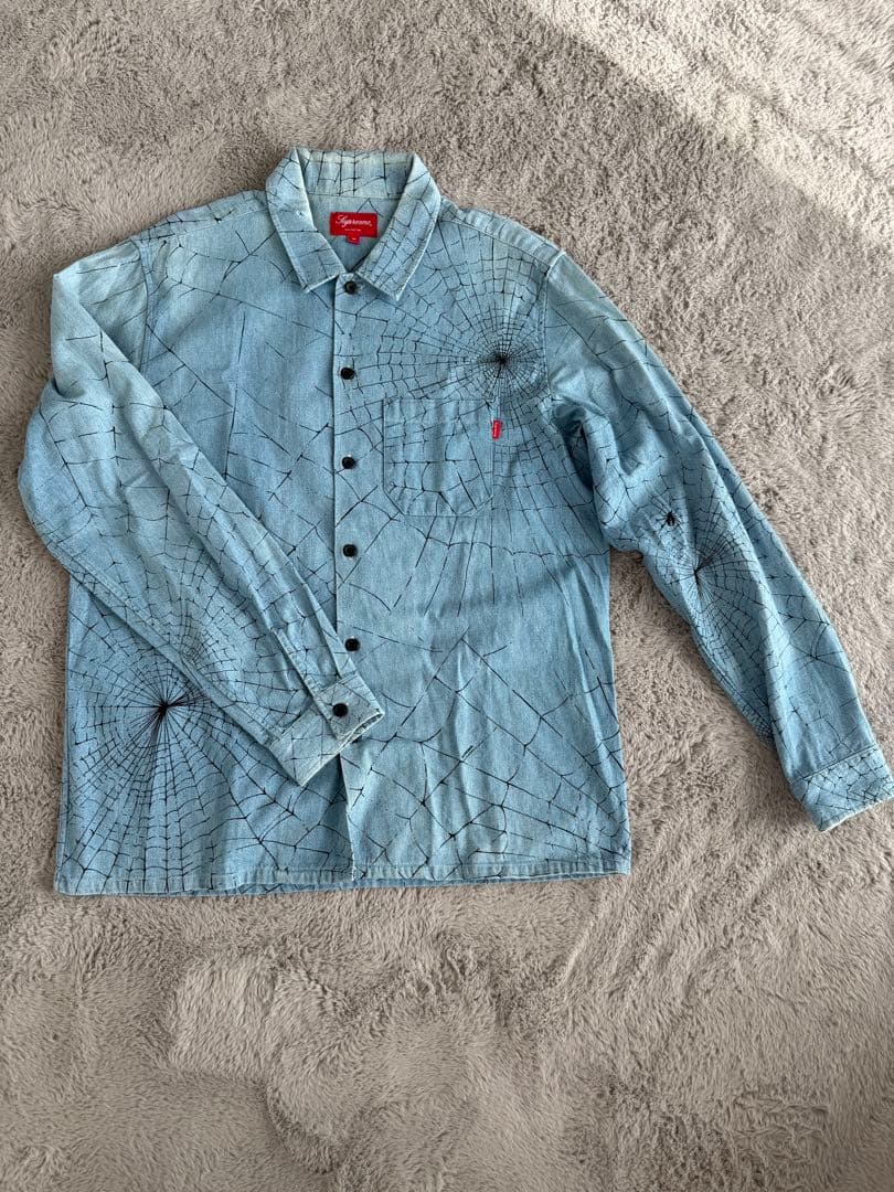 シュプリーム スパイダー総柄 蜘蛛の巣 長袖シャツ ライトブルー　M