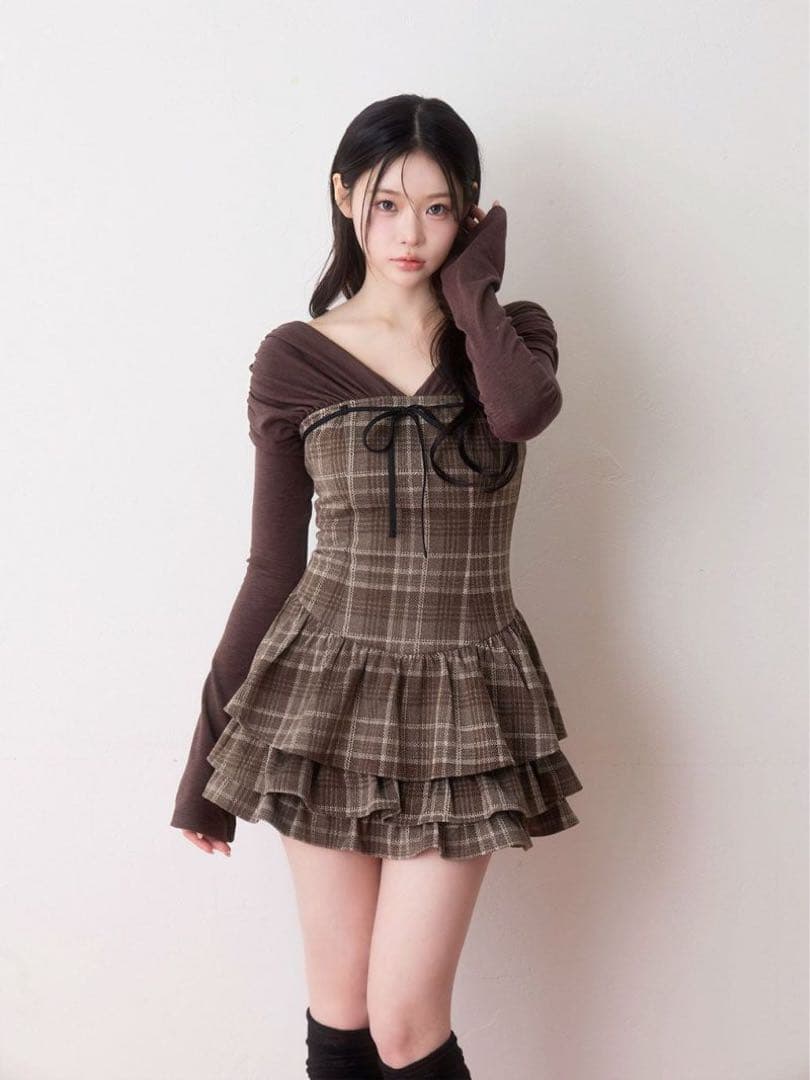 bubbles チェックレイヤードワンピース ブラウン