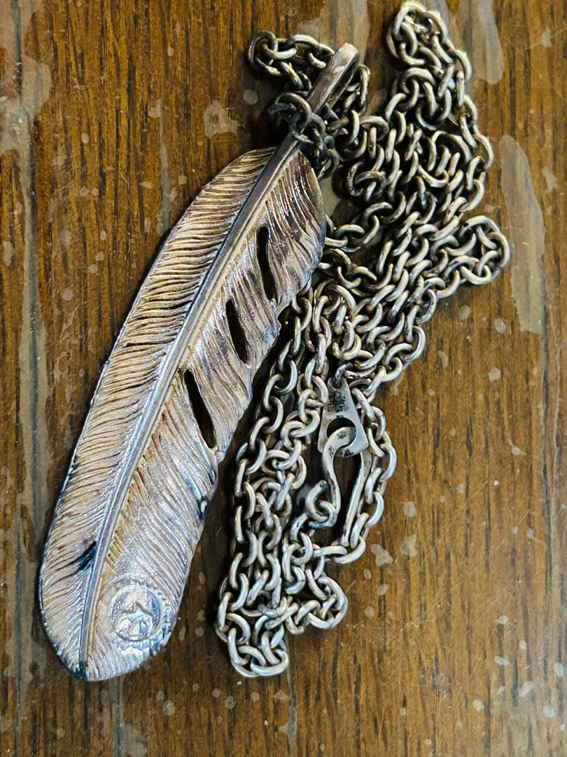 SV925◾︎特大フェザーネックレス◾︎あずきチェーン50cm◾︎刻印入り