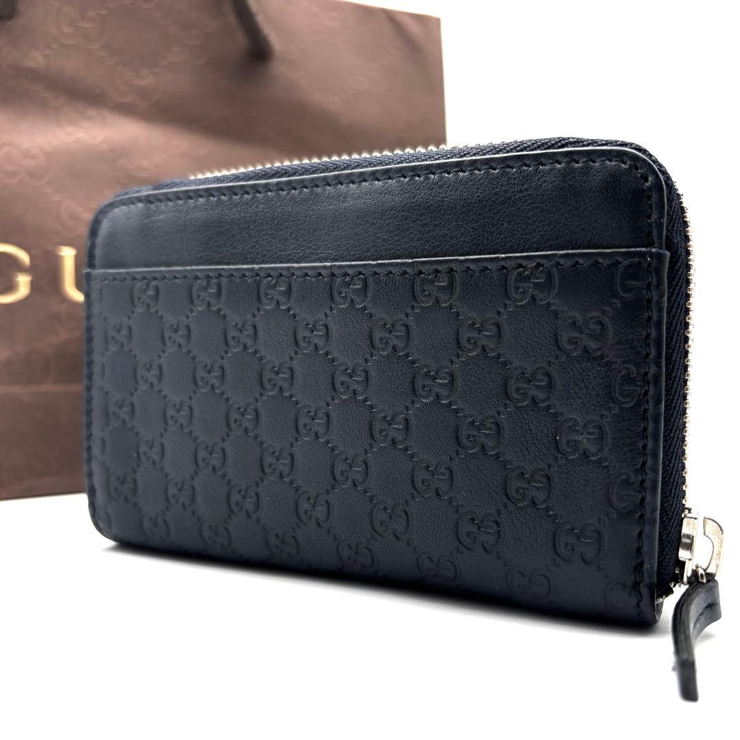 極美品 グッチ ケース マイクロシマレザー 小銭入れ GG ダークネイビー