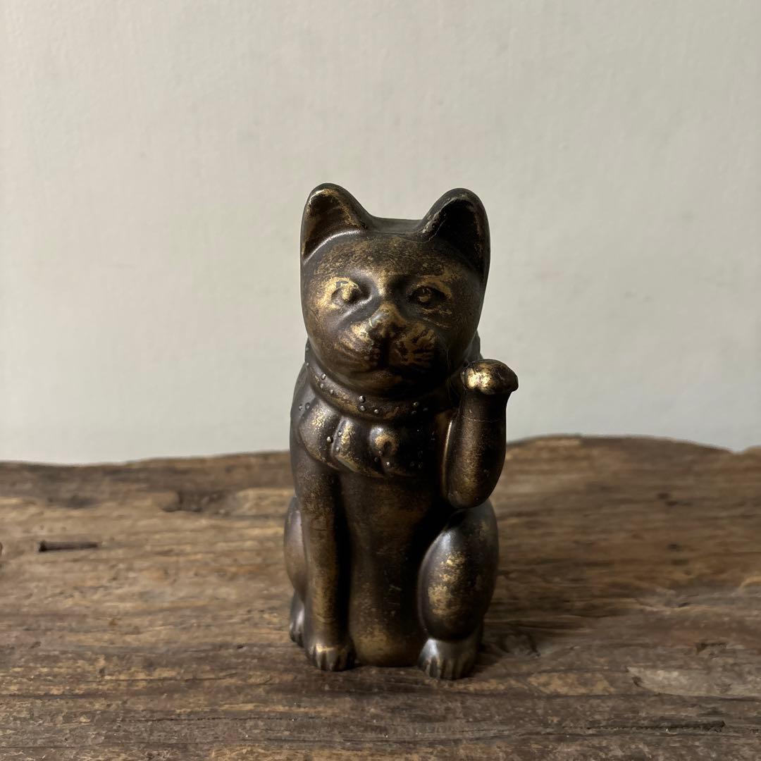 アンティーク　金属製の招き猫　縁起物　古道具　骨董品　福助人形　眠り猫　検:李朝