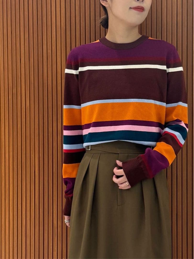 キャバン　コットンカシミヤ マルチボーダークルーネックプルオーバー　ブラウン系