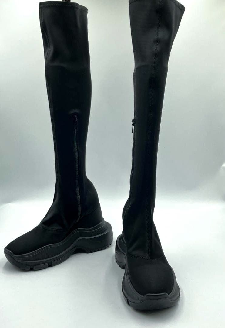 【美品】YELLO　ダブルスニーカーロングブーツ ストレッチ 厚底 ブラック L