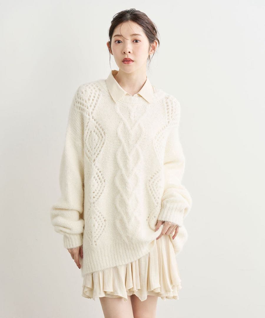 ケーブルニット×ペプラムシャツミニワンピース♡