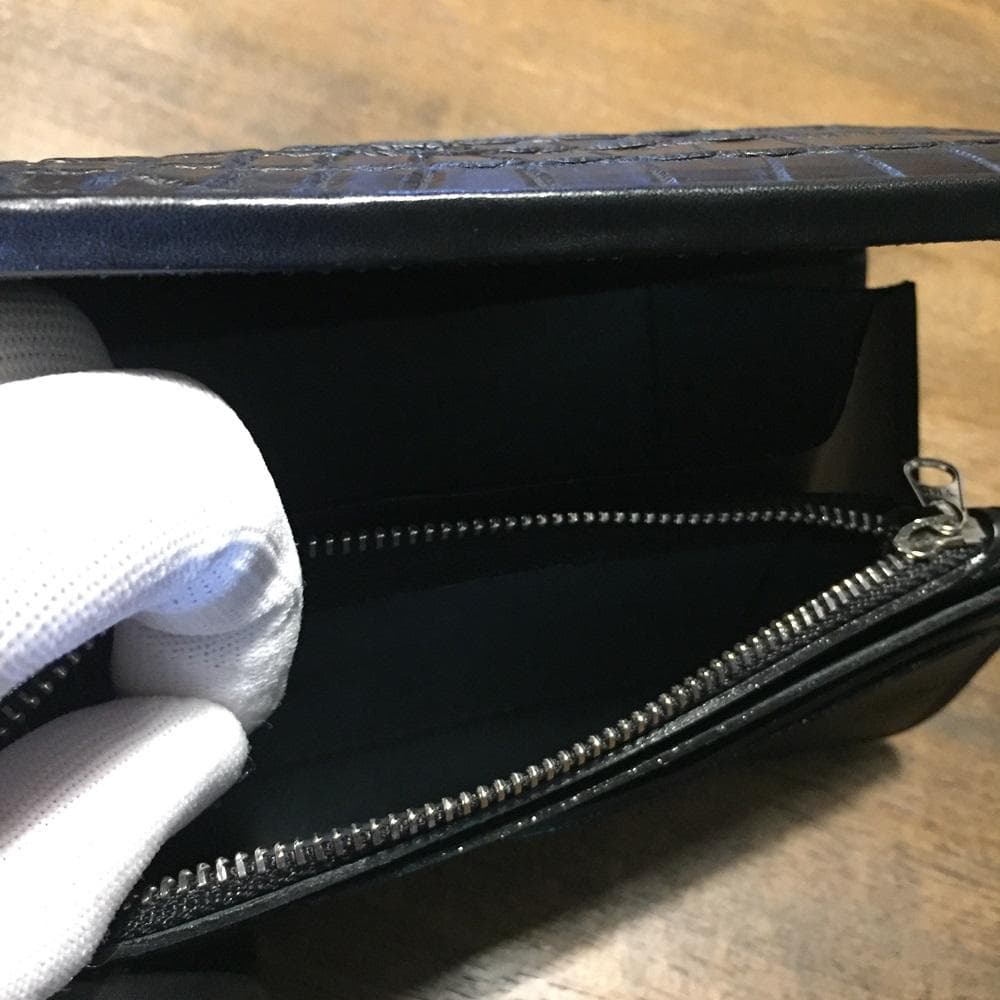 新品！高級‼クールなオールブラック！クロコダイル ワニ本革 バイカーズウォレット