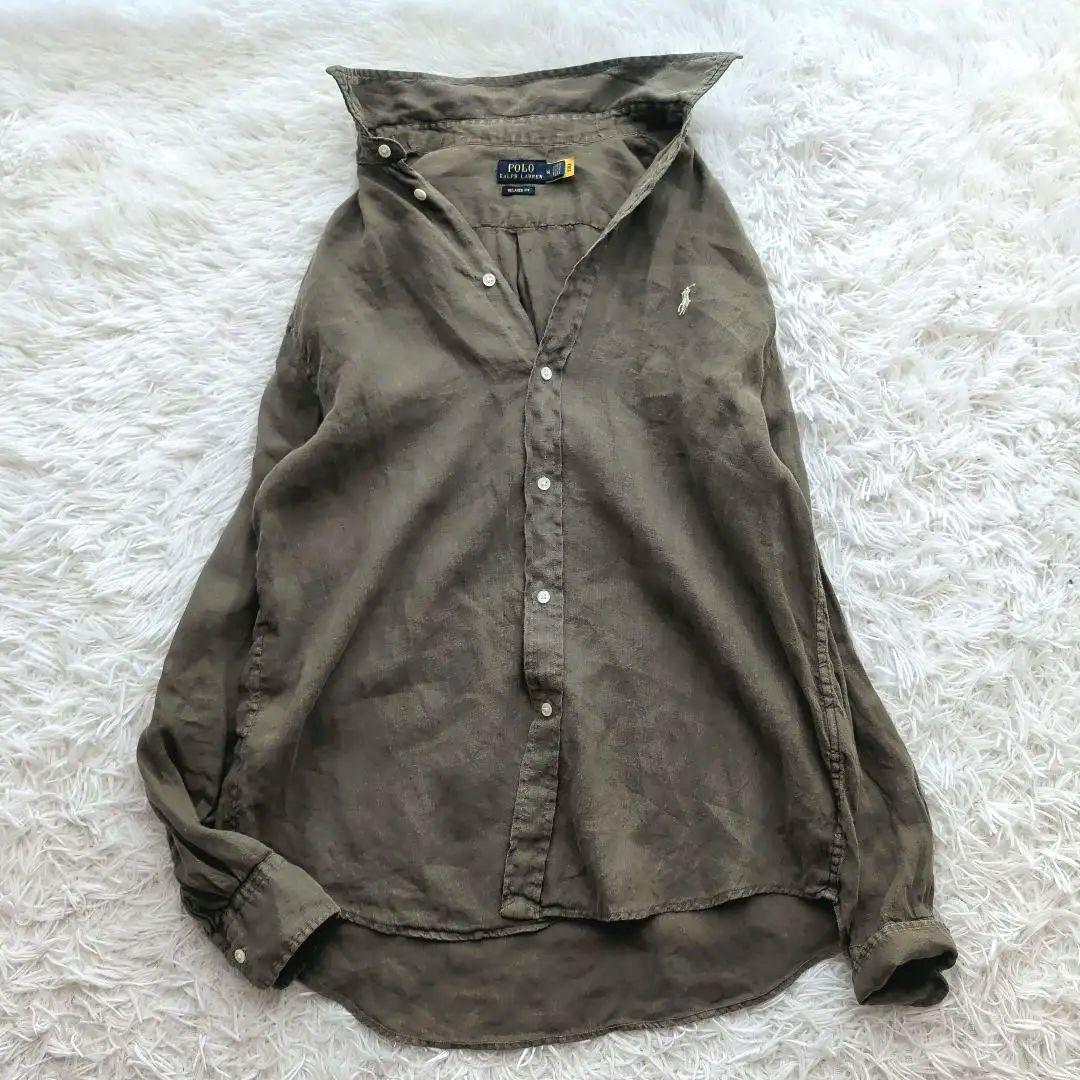 現行 ポロラルフローレン リネンシャツ 刺繍ポニー カーキ M