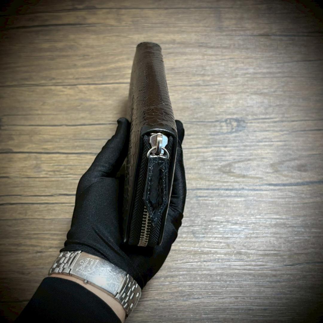 パイソン レザー 長財布 財布 蛇革 カード15枚 大容量 ブラック 黒