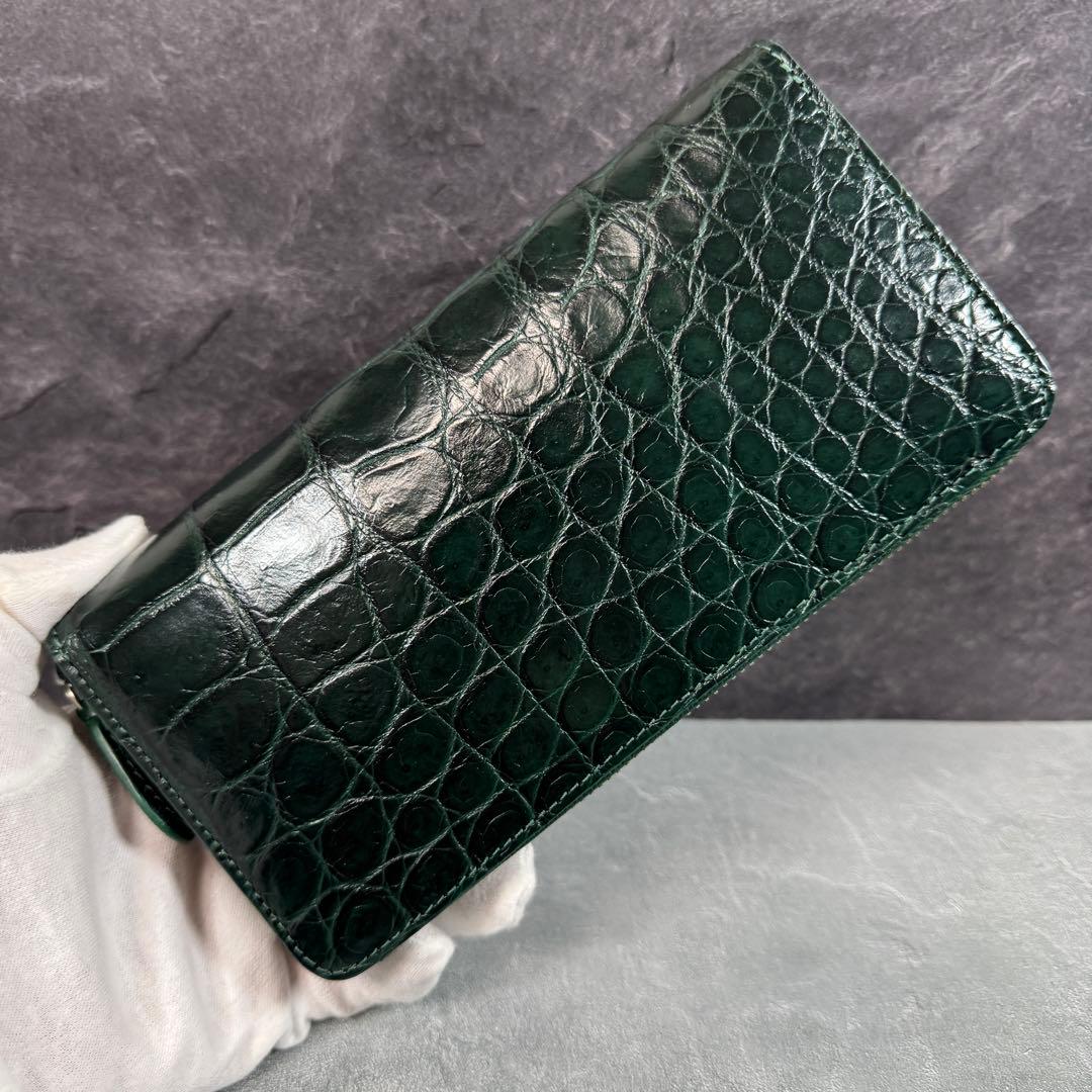 新品 クロコダイル 長財布 ダークグリーン シルバーファスナー 本革 ワニ革