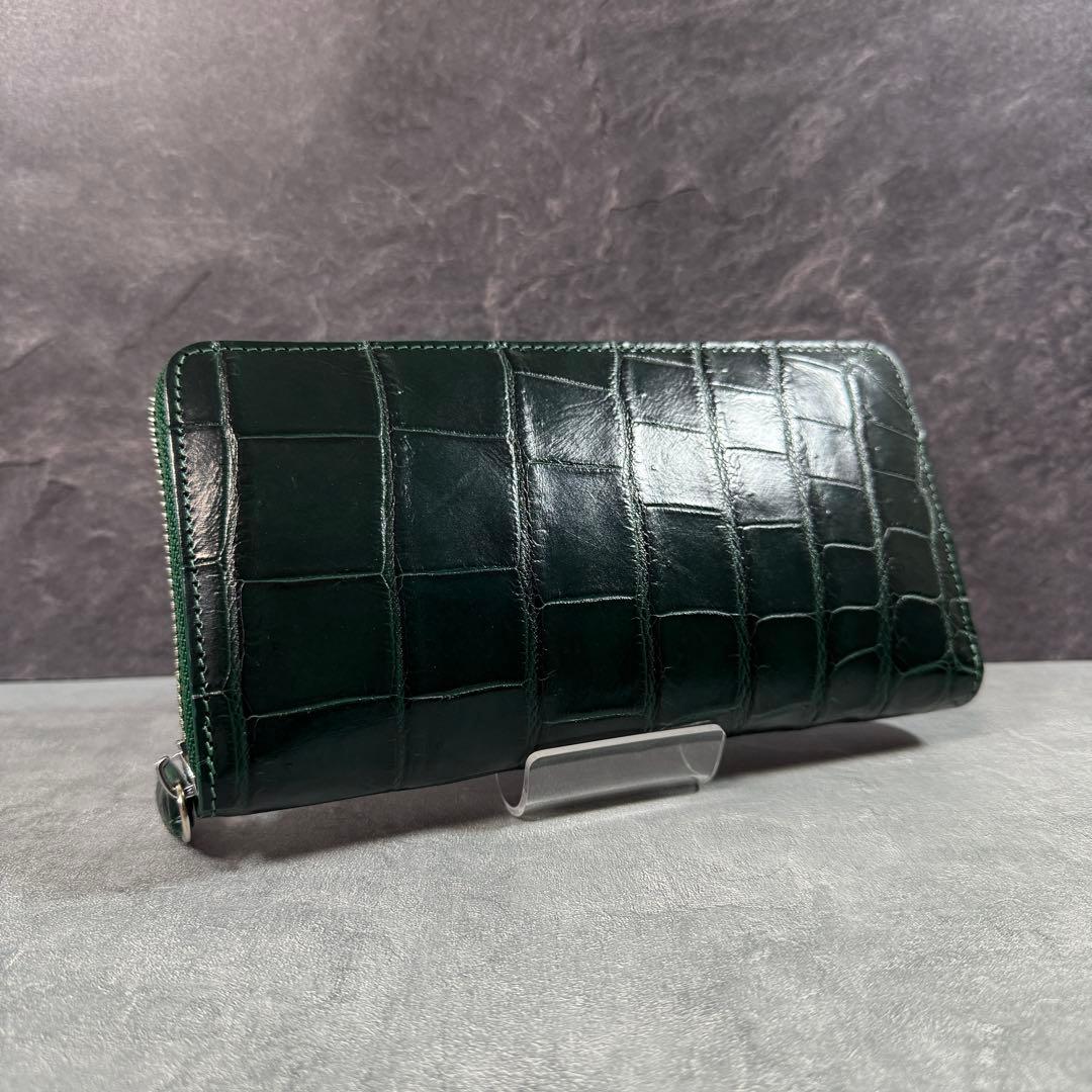 新品 クロコダイル 長財布 ダークグリーン シルバーファスナー 本革 ワニ革