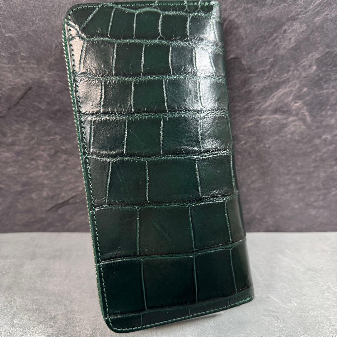 新品 クロコダイル 長財布 ダークグリーン シルバーファスナー 本革 ワニ革