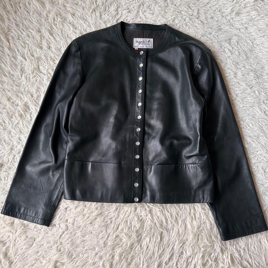 希少✨アニエスベー　レザージャケット　ノーカラー　スナップボタン　黒　本革