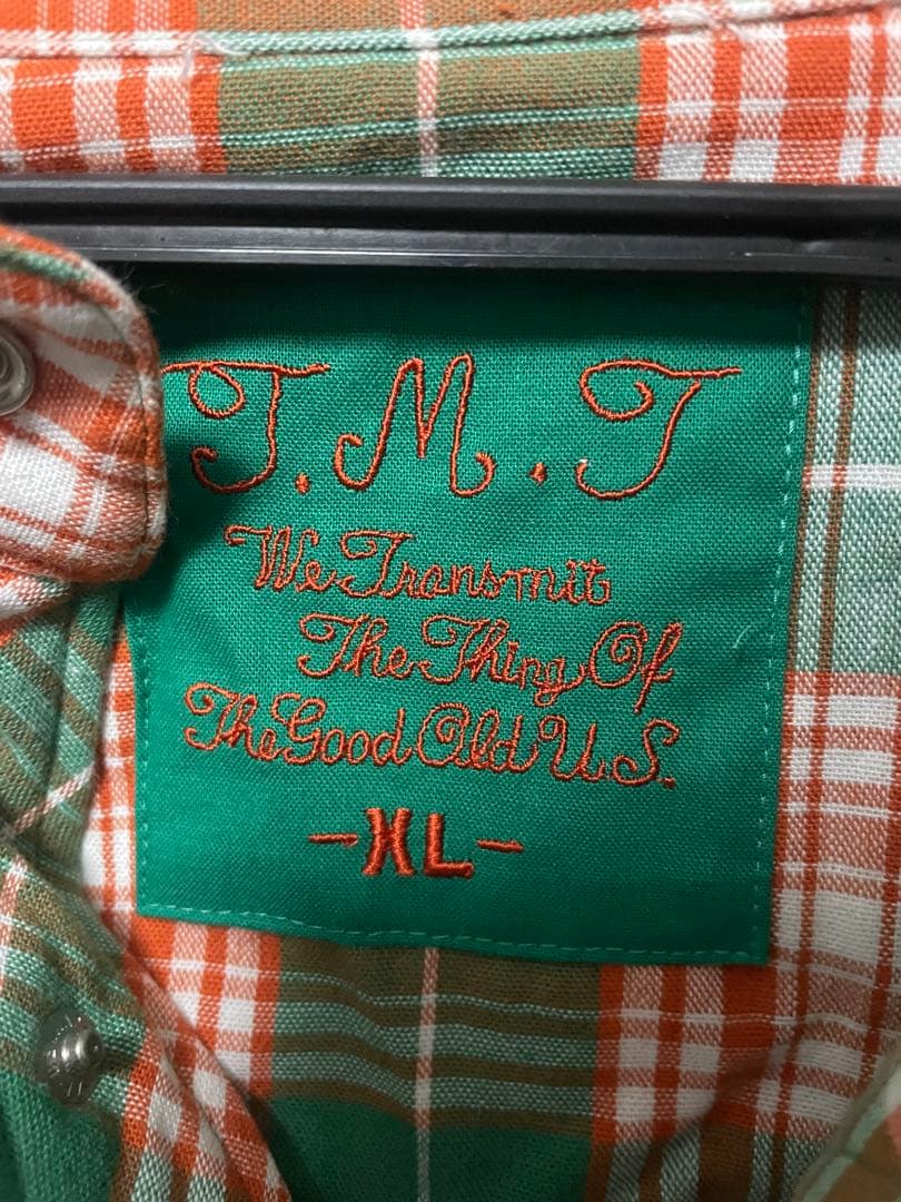 T.M.T XL 長袖ネルシャツ グリーン/オレンジチェック