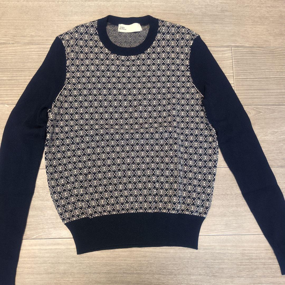 YM/1355 TORY BURCH モノグラム ネイビー ニットセーター 美品