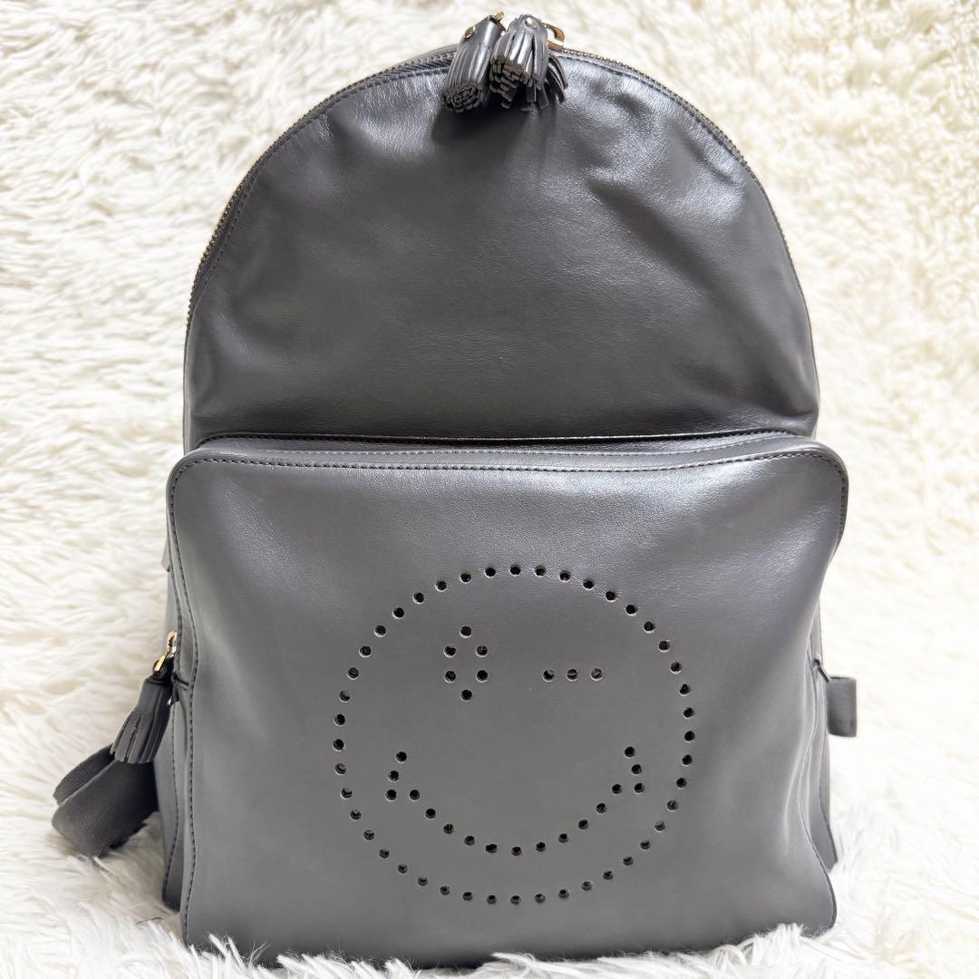 未使用級✨アニヤハインドマーチ リュック スマイリー レザー グレー パンチング