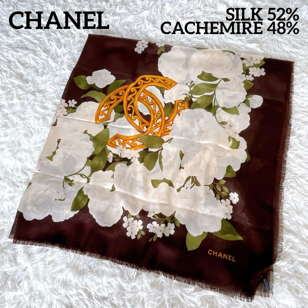 希少✨美品【CHANEL】ココマーク カメリア シルク カシミア 大判スカーフ