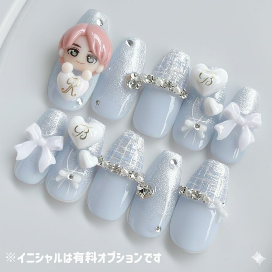 ネイルチップ　ワンホン　推し活　ビジュー　ツイード　バレエコア　フレンチガーリー