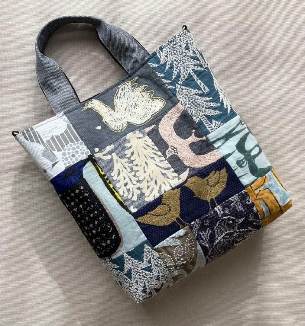 ミナペルホネン ハンドメイド　鳥の集う森パッチワーク×metsä トートバッグ