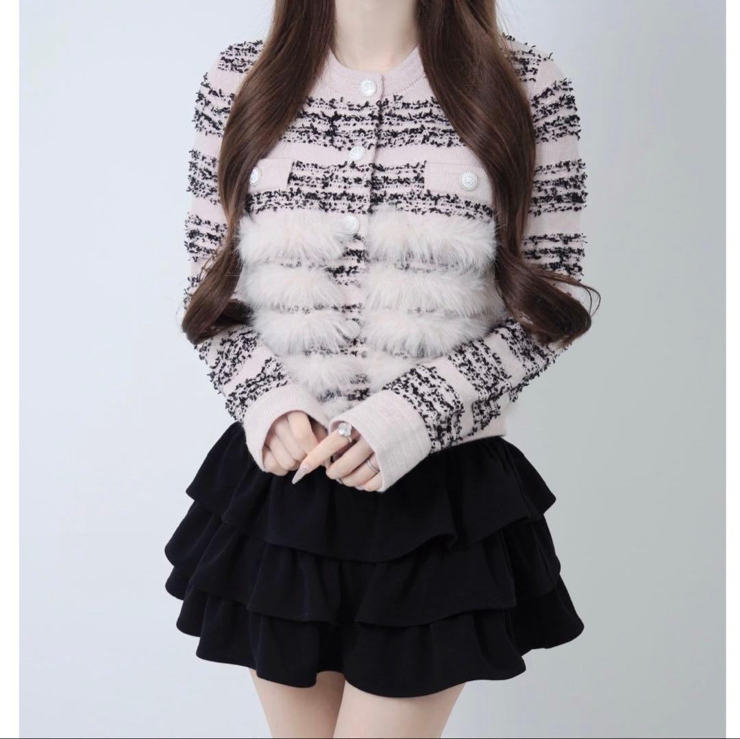 Lumign ツイードカーディガン ピンク×ブラック