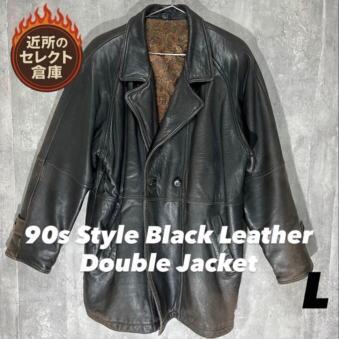 P*I様 90s 羊革 ダブル レザージャケット L 黒 ラムレザー ペイズリー