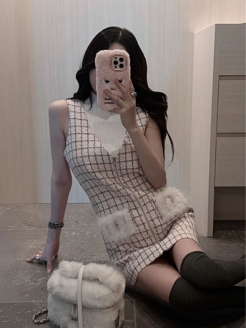 darich フロントファスナーツイードミニワンピース