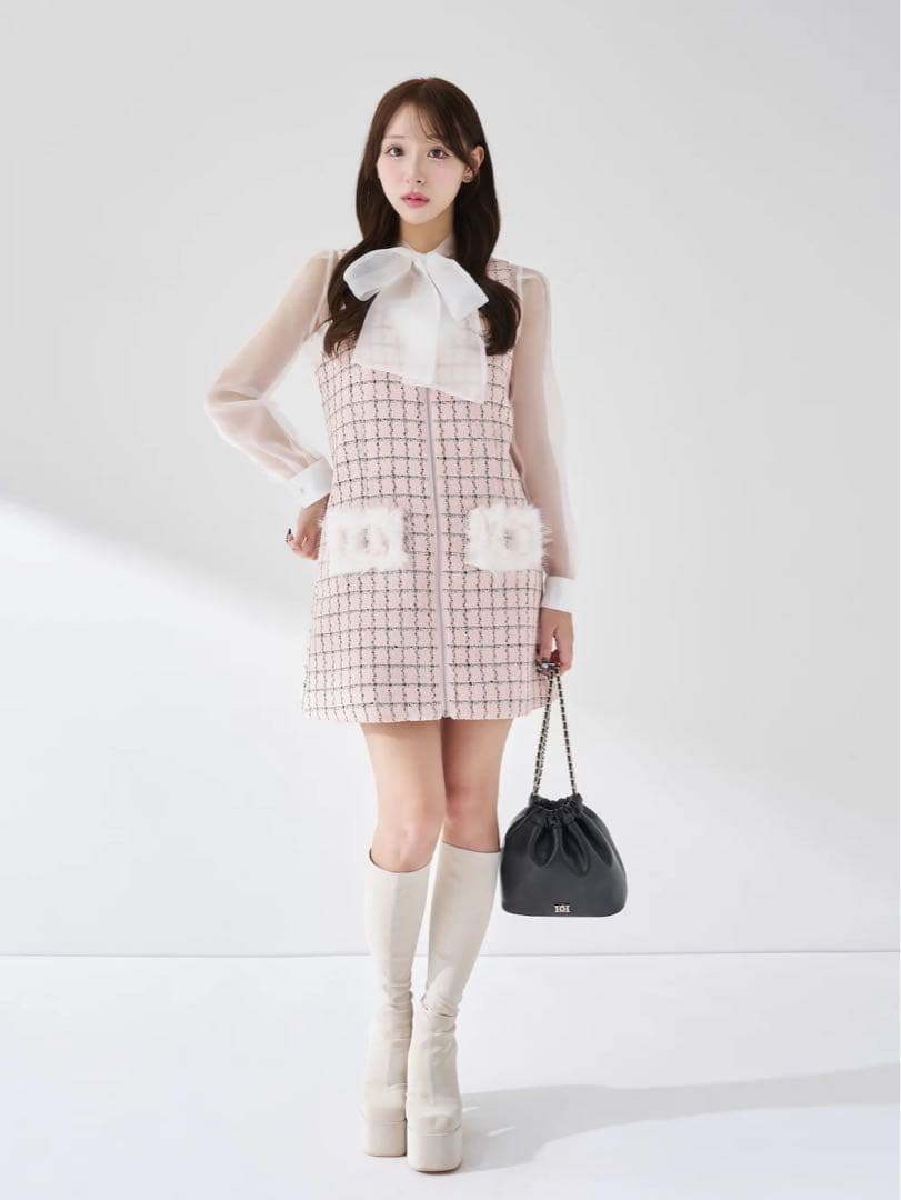 darich フロントファスナーツイードミニワンピース