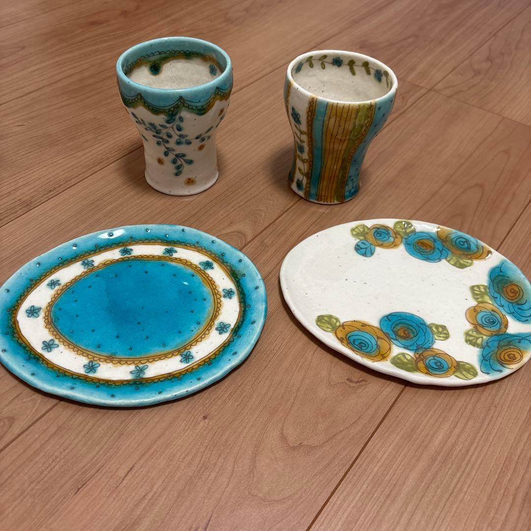 ハンドメイド作家陶器 カップと皿の4点セット